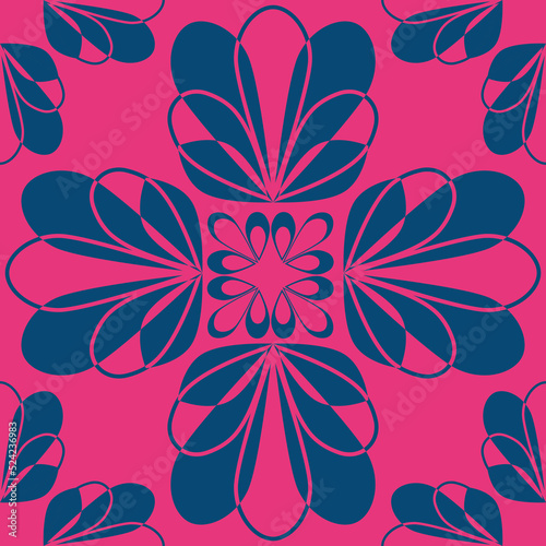 Abstract seamless patterns with floral ornaments in blue and crimson shades