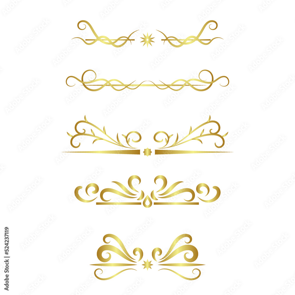golden swirl lines calligraphy ornament set isolated on white background for luxury graphic design. dividers collection for card and paper decoration or website banner advertisement