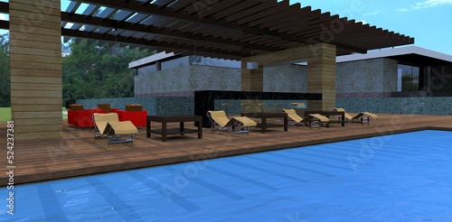 Wonderful advanced design patio. The relaxation area includes sun loungers, comfortable furniture and a bar counter on the decking around the pool. 3d render. © Oleksandr