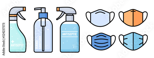 Icon set of disinfectant, hand antiseptics and protective cloth face masks. Means for the prevention of diseases, germ and virus protection, hand hygiene. Vector illustration in a flat style.