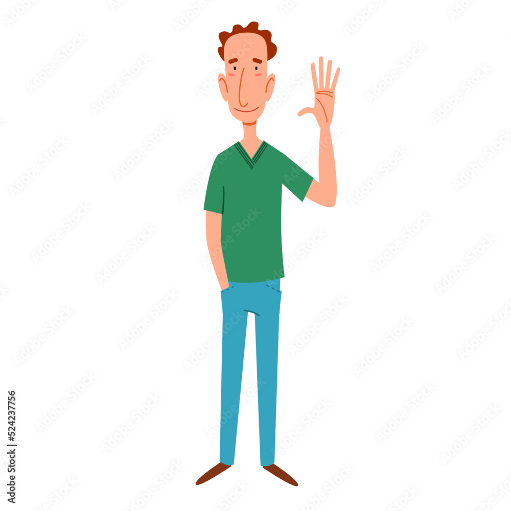 A fashionable thin man in casual clothes greets. Friendly greeting of a young guy. Vector illustration in a flat style, isolated on a white background. A fashionable thin man in casual clothes greets. Friendly greeting of a young guy. Vector illustration in a flat style, isolated on a white background.