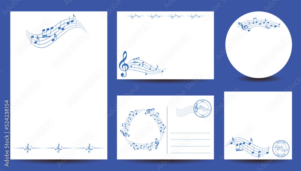 set of templates for music events - blue musical notes on white backgrounds