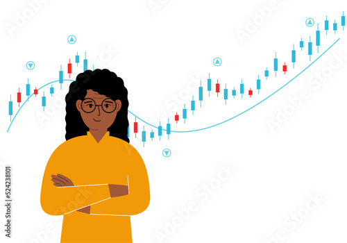 A woman on the background of a Forex chart. Conceptual illustration on the topic of strategic planning in trading on the stock exchange.
