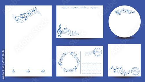 set of templates for music events - blue musical notes on white backgrounds