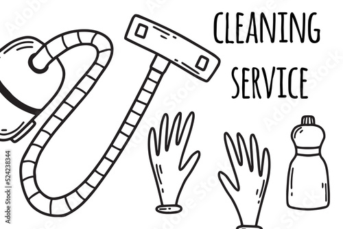 Cleaning service. House cleaning. Vector illustration. Doodle style. Cleaning service flyer. Vacuum cleaner and bubbles.
