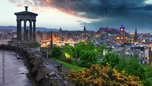 Time lapse of Edinburgh skyline with castle from Calton Hill, sunset to night,  Scotland - UK
