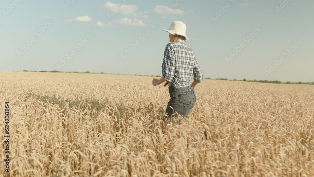 Woman runing fun across the wheat field. agriculture dream concept. girl farmer hands to sides runs across the wheat field. happy free girl run in park agricultural land Woman runing fun across the wheat field. agriculture dream concept. girl farmer hands to sides runs across the wheat field. happy free girl run in park agricultural land