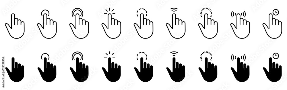 Hand with Finger Digital Mouse Click Line and Silhouette Icon Set. Cursor Computer Pointer Sign. Website App Press Tap Link Choice Button Internet Interface Symbol. Isolated Vector Illustration Hand with Finger Digital Mouse Click Line and Silhouette Icon Set. Cursor Computer Pointer Sign. Website App Press Tap Link Choice Button Internet Interface Symbol. Isolated Vector Illustration