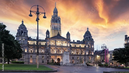 Time lapse of Glasgow City Chambers in George square at sunset to night, Scotland - UK