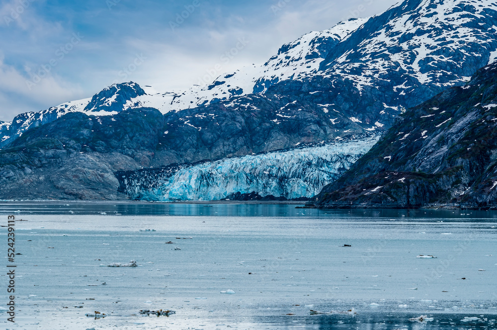 A view from the Margerie Glacier towards the Reid Glacier in Glacier Bay, Alaska in summertime
