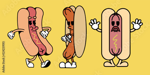 Cartoon set illustration retro hot dog character mascot