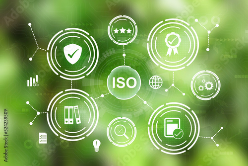 ISO certification standard quality control concept. ISO concept related icons with green background.