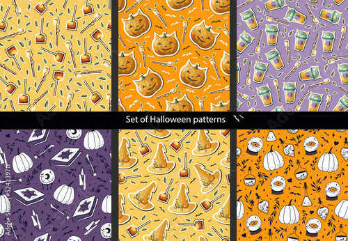 Adobe Illustrator ArtworkSet of Halloween seamless pattern. With pumpkin, witch hat, magic ball, caramel apple, magic book, and marshmallows. Perfect for textile, wallpaper, and print.