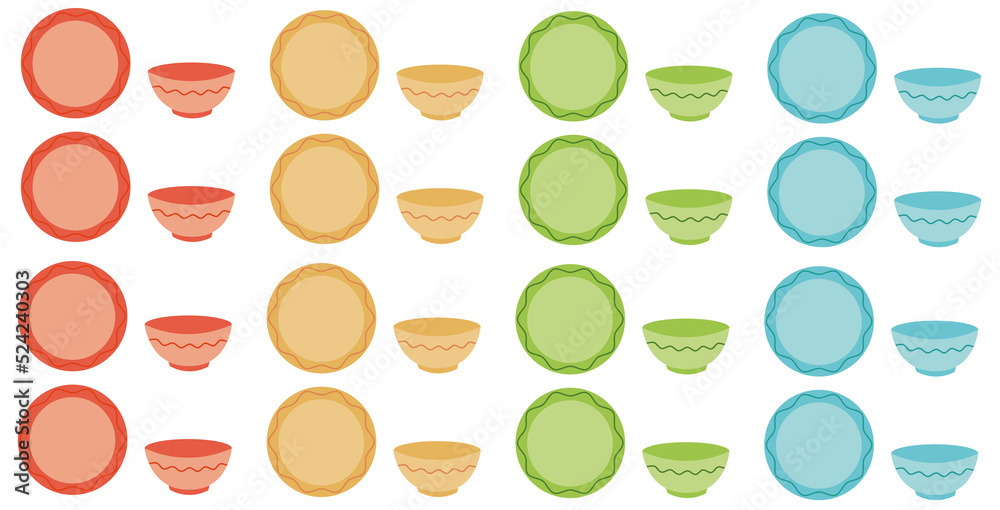 Plates and bowls collection. Kitchen items set Plates and bowls collection. Kitchen items set