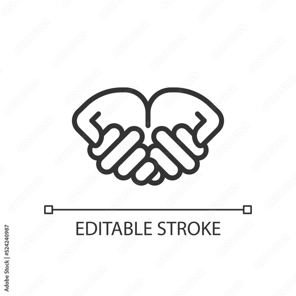 Begging hands pixel perfect linear icon. Asking for help. Body language. Communication. Thin line illustration. Contour symbol. Vector outline drawing. Editable stroke. Arial font used