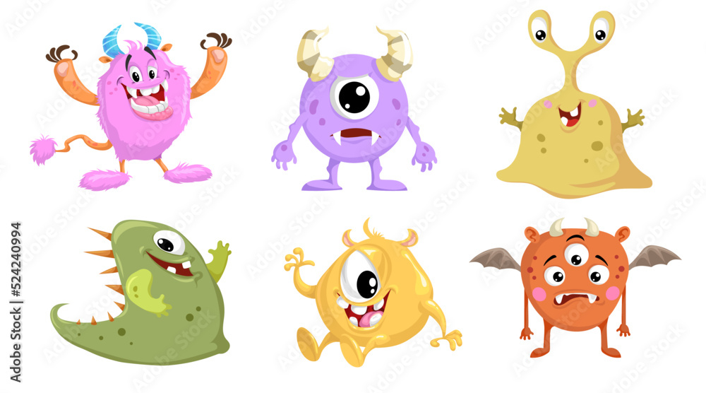 Cartoon cute monsters set. Funny creatures collection. Best for birthday and halloween party designs. Vector illustrations isolated on white background. Cartoon cute monsters set. Funny creatures collection. Best for birthday and halloween party designs. Vector illustrations isolated on white background.