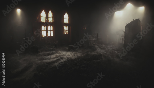 Dark atmospheric horror background. Haunted house. Dramatic sky  old  abandoned house  light in the windows. 3D illustration.