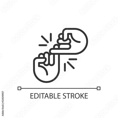 Pinky promise pixel perfect linear icon. Hands hooking little fingers. Friendship gesture. Thin line illustration. Contour symbol. Vector outline drawing. Editable stroke. Arial font used