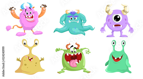 Cartoon cute monsters set. Funny creatures collection. Best for birthday and halloween party designs. Vector illustrations isolated on white background.