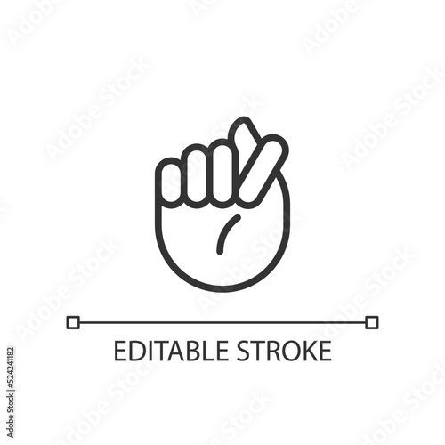 Fig sign pixel perfect linear icon. Offensive hand gesture. Obscene non verbal communication. Thin line illustration. Contour symbol. Vector outline drawing. Editable stroke. Arial font used