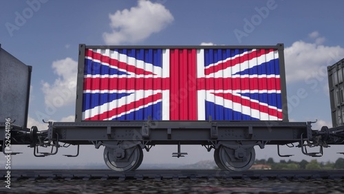 Containers with the flag of United Kingdom. Railway transportation. 3d illustration