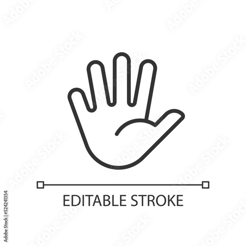 Hand with splayed fingers pixel perfect linear icon. Non verbal communication. Body language. Thin line illustration. Contour symbol. Vector outline drawing. Editable stroke. Arial font used