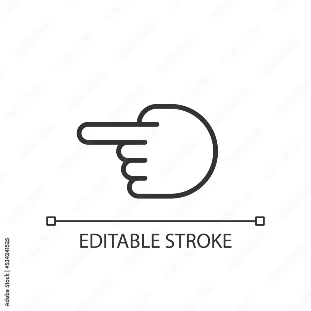 Hand pointing aside pixel perfect linear icon. Index finger showing direction. Hand gesture. Thin line illustration. Contour symbol. Vector outline drawing. Editable stroke. Arial font used Hand pointing aside pixel perfect linear icon. Index finger showing direction. Hand gesture. Thin line illustration. Contour symbol. Vector outline drawing. Editable stroke. Arial font used
