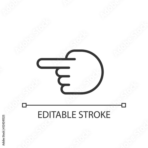 Hand pointing aside pixel perfect linear icon. Index finger showing direction. Hand gesture. Thin line illustration. Contour symbol. Vector outline drawing. Editable stroke. Arial font used