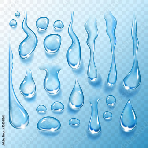 Set of water drops on transparent background.