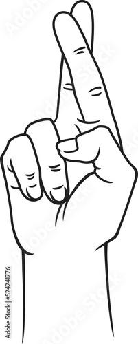 Crossed fingers hand sign in line art style. photo