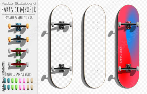 Vector skateboard deck and trucks with wheels set - editable part composer template. Easy possibility change of every aspect of the skateboard