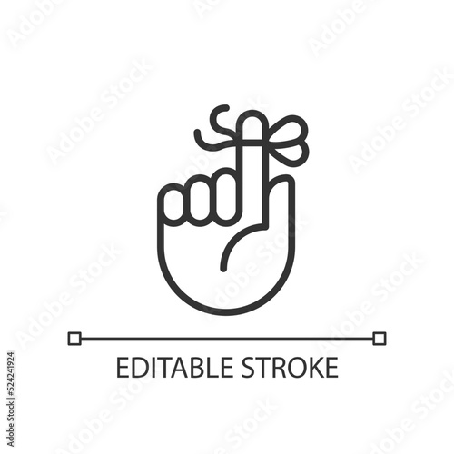 Knot on finger for memory pixel perfect linear icon. Rope tied around pointer. Hand gesture. Thin line illustration. Contour symbol. Vector outline drawing. Editable stroke. Arial font used
