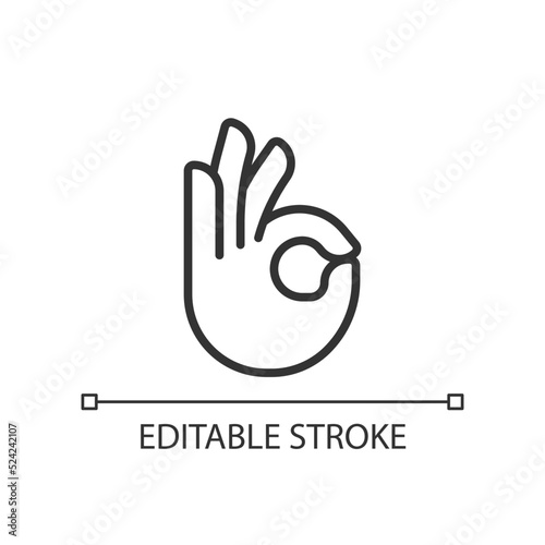 OK gesture pixel perfect linear icon. Agreement sign. Approvement symbol. Body language. Thin line illustration. Contour symbol. Vector outline drawing. Editable stroke. Arial font used