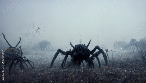 illustrative giant spiders in fog