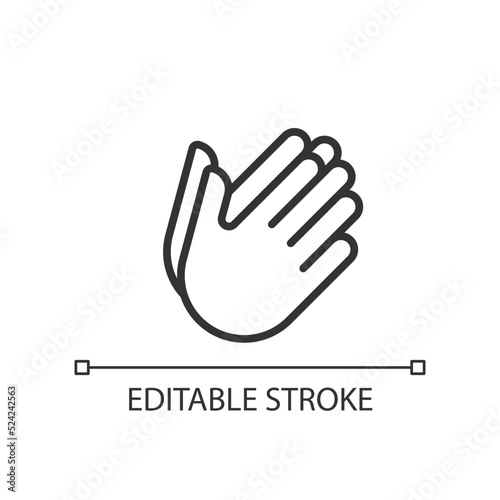 Hand holding something pixel perfect linear icon. Space between palms. Gesture and position. Thin line illustration. Contour symbol. Vector outline drawing. Editable stroke. Arial font used