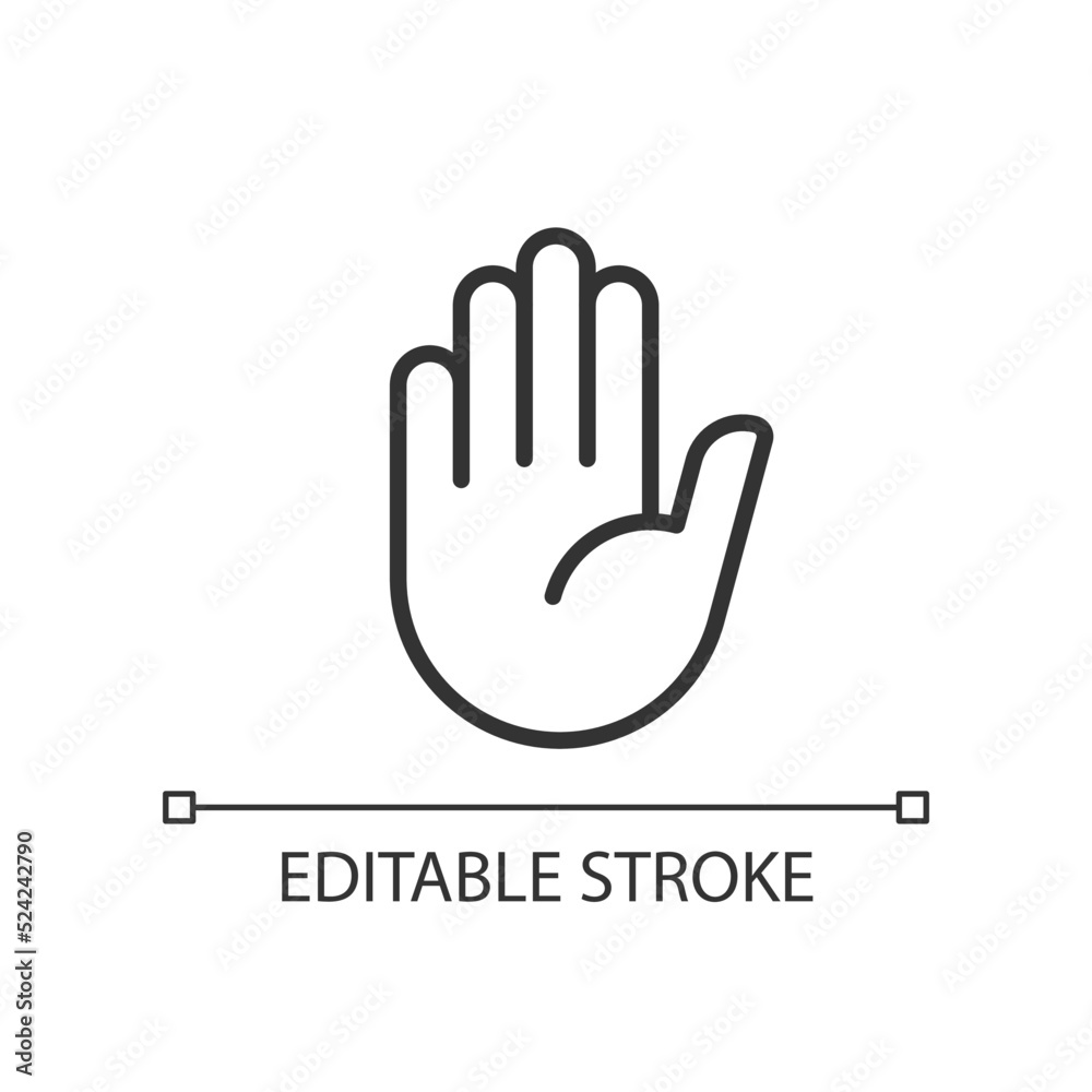 Stop gesture pixel perfect linear icon. Prohibition and restriction. Body language. Thin line illustration. Contour symbol. Vector outline drawing. Editable stroke. Arial font used Stop gesture pixel perfect linear icon. Prohibition and restriction. Body language. Thin line illustration. Contour symbol. Vector outline drawing. Editable stroke. Arial font used