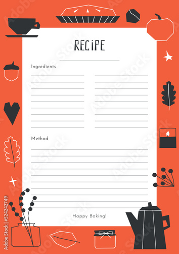 Vector illustration with flat fall elements. Template for recipe list has geometrical symbols of autumn time. Poster is decorated by branches with leaves, berries and candels on orange background