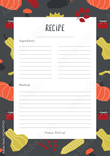Vector flat illustration with fall geometrical elements. Template for recipes has symbols of autumn time. Poster with ingredient list is decorated by pumpkins, corns, leaves on grey background