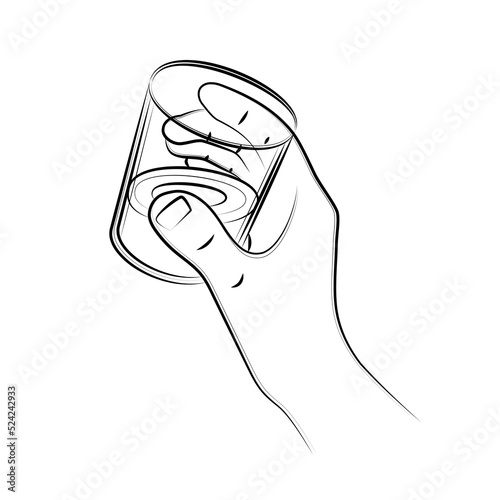 Male hand in realistic gesture holding glass of whiskey, close-up. Drink portion of aged alcohol. Glass with strong drink. Cheers toast. Alcohol drink for luxury celebration. Sketch, linear drawing