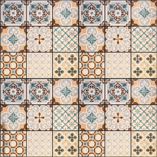 Fotobehang Old seamless flowers leaves vintage geometric shabby mosaic ornate patchwork motif porcelain stoneware tiles, square mosaic stone concrete cement tile wall texture background