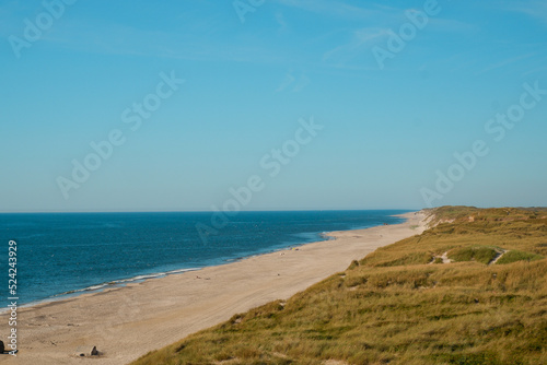 North Sea beach and dunes. Sunset at the dune beach. Sunset View over ocean from dune over North Sea. Outdoor scene of coast in nature of Europe.