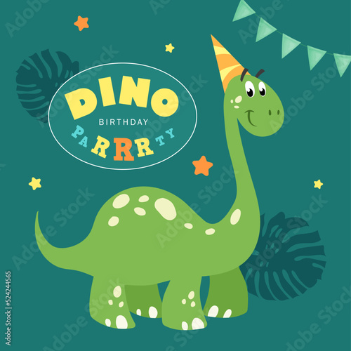 Dino Party design template. Happy birthday greeting card. Cartoon childish dinosaur. Best for invitations, flyers, posters etc. Vector illustration.