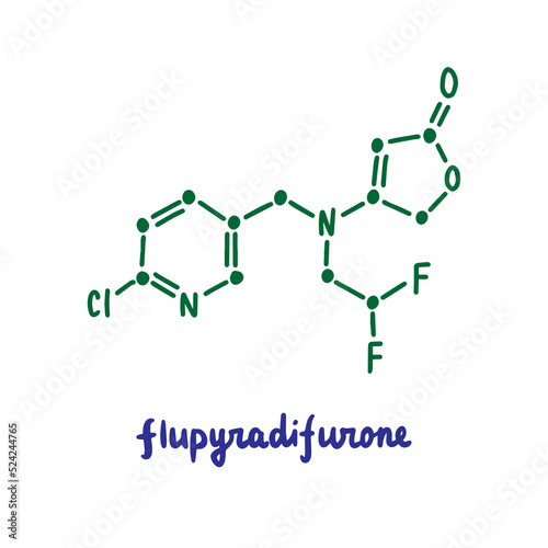 Flupyradifurone hand drawn vector formula chemical structure lettering blue green