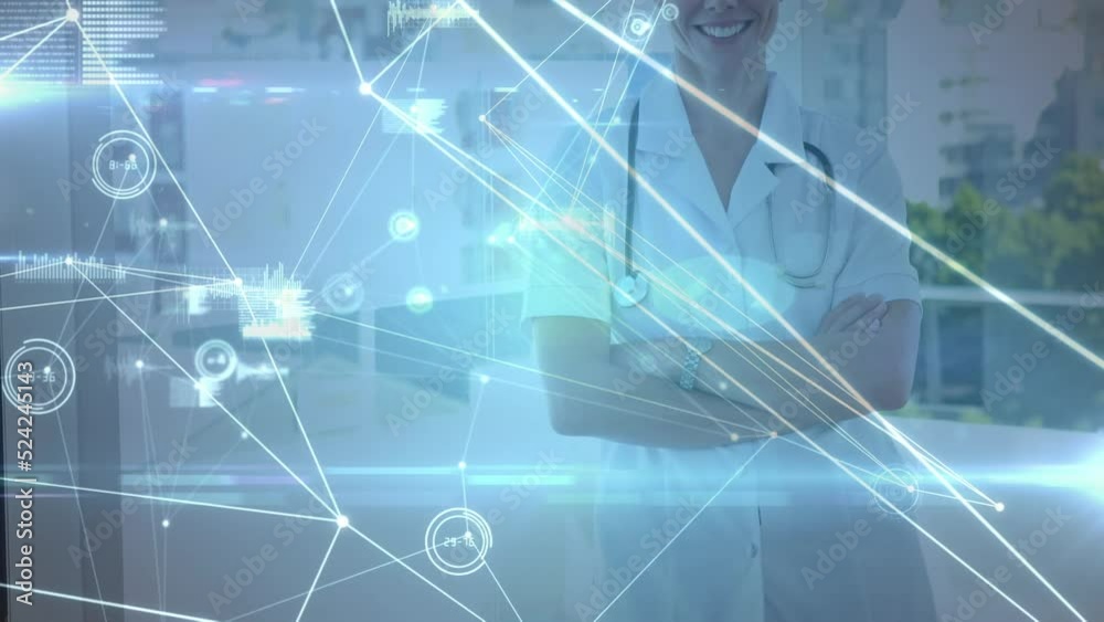 Animation of network of connections over portrait of caucasian female doctor smiling at hospital Animation of network of connections over portrait of caucasian female doctor smiling at hospital