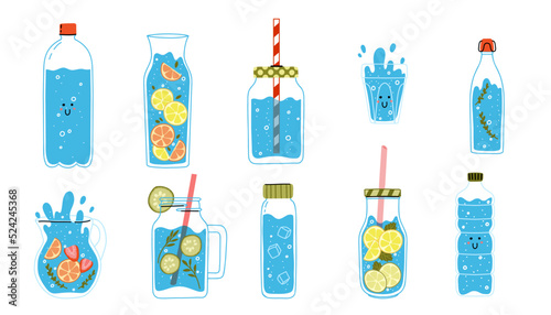 Cute water bottle glass decanter. Hand drawn funny detox concept. Doodle eco vector illustration