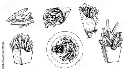Hand drawn sketch french fries set. Fast food illustrations. Bunch, paper box and top view with sauce. Best for menu designs and packages. Vector collection.