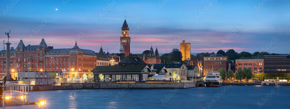 Εκτύπωση καμβά Helsingborg, Sweden. Panoramic skyline at dusk