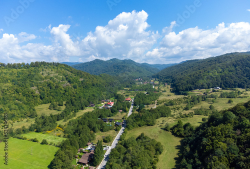 Aerial landscape of a rural area between the hills