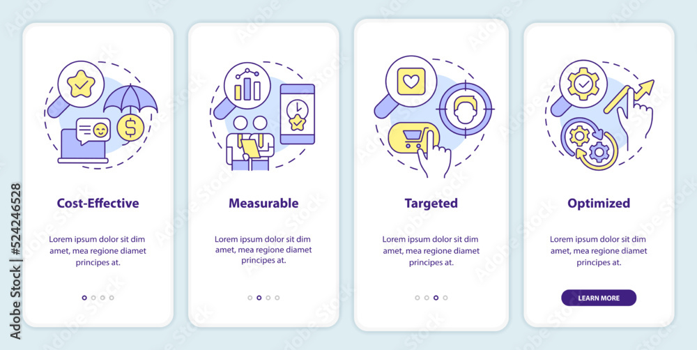 Digital advertising benefits onboarding mobile app screen. Promotion walkthrough 4 steps editable graphic instructions with linear concepts. UI, UX, GUI template. Myriad Pro-Bold, Regular fonts used