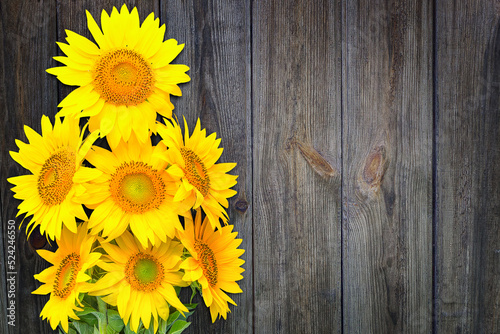 Fototapeta Naklejka Na Ścianę i Meble -  A bouquet of sunflowers on the background of a wooden wall